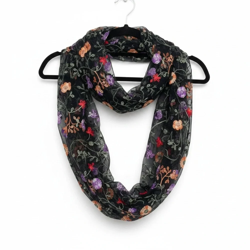 Whimsical Romantic Floral Embroidered Mesh Infinity Scarf‎ Black Sheer Chic Boho